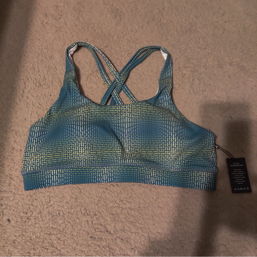 Blue and Green Bikini Top Sports Bra Geometric Lines Strappy Criss Cross